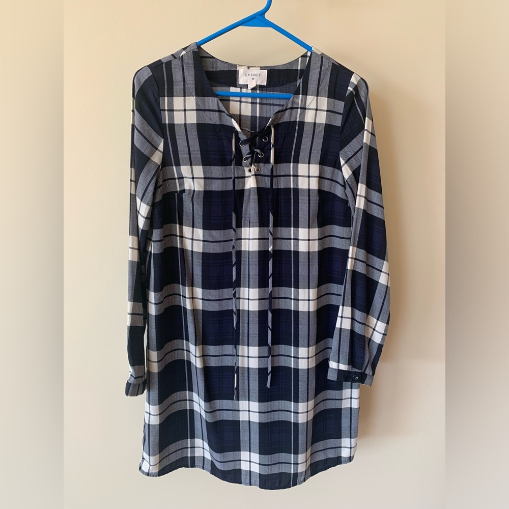 Plaid, satin dress. Loose fitting.